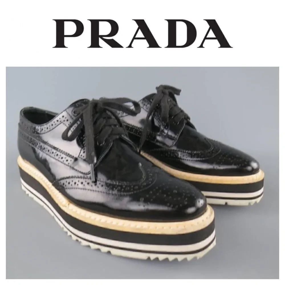 Prada Black Brogue Leather Wingtip Platform Oxford Shoes